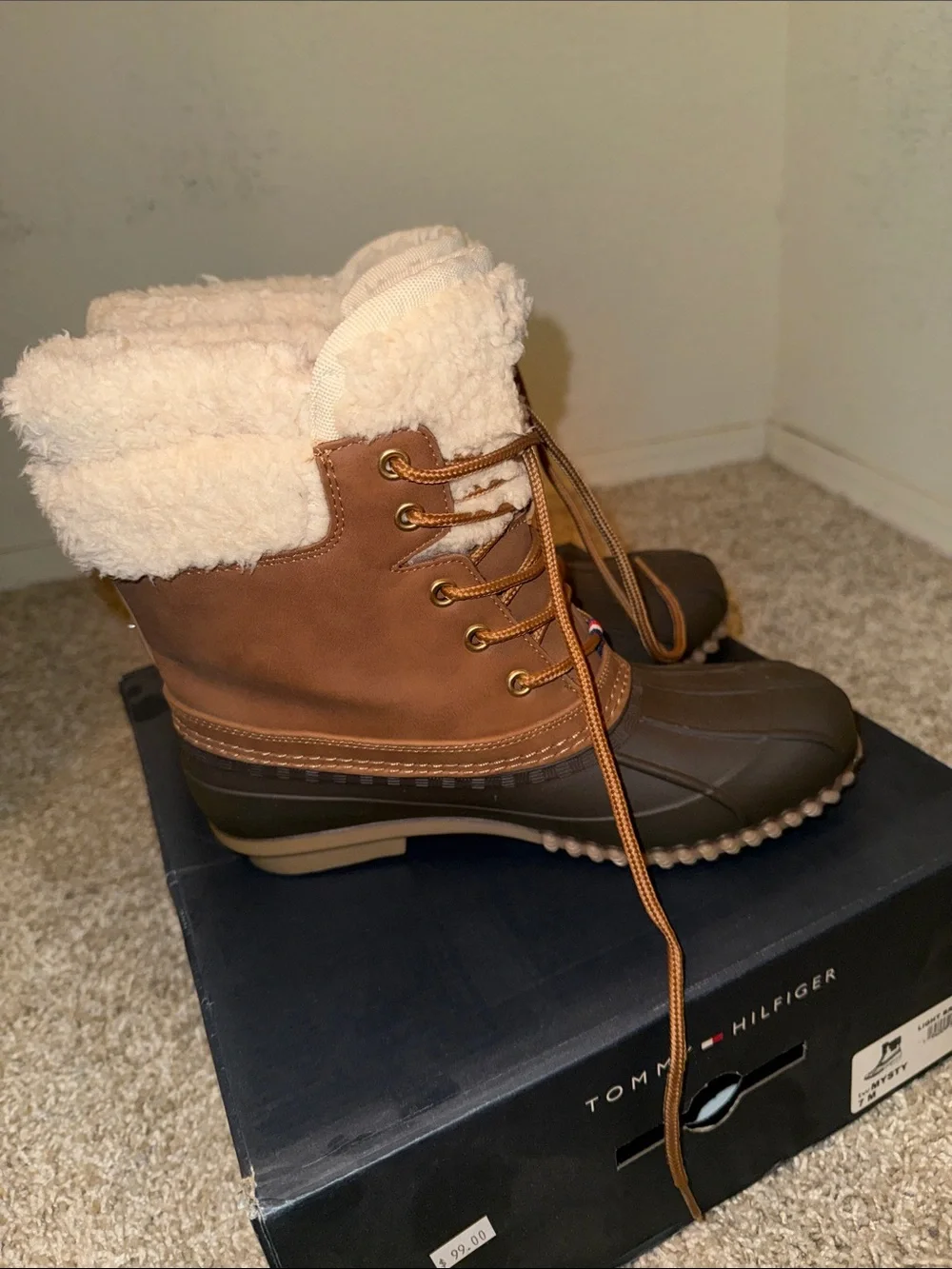 Tommy Hilfiger Tan and Dark Brown Sherpa-Lined Winter Duck Boots